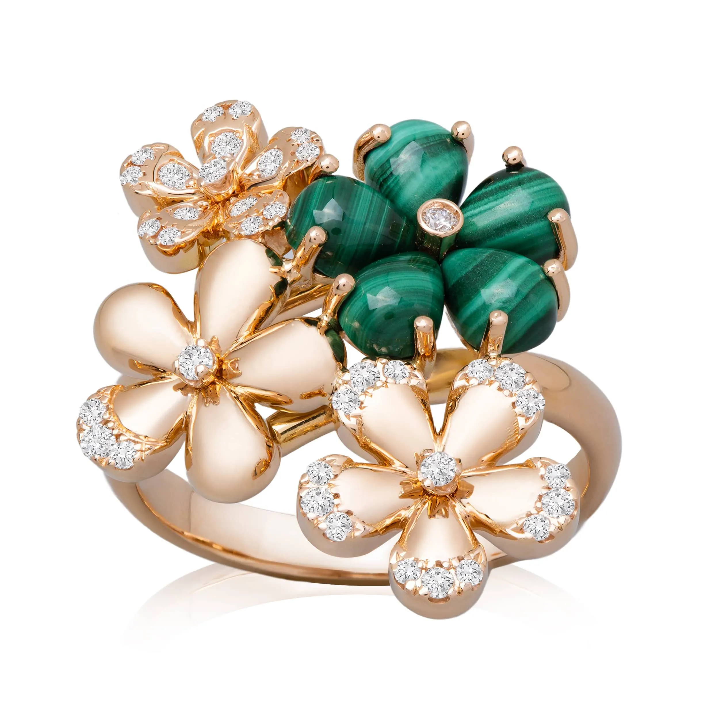 Nature collection 18KT Rose Gold Flower Ring with Green Malachite & Diamonds