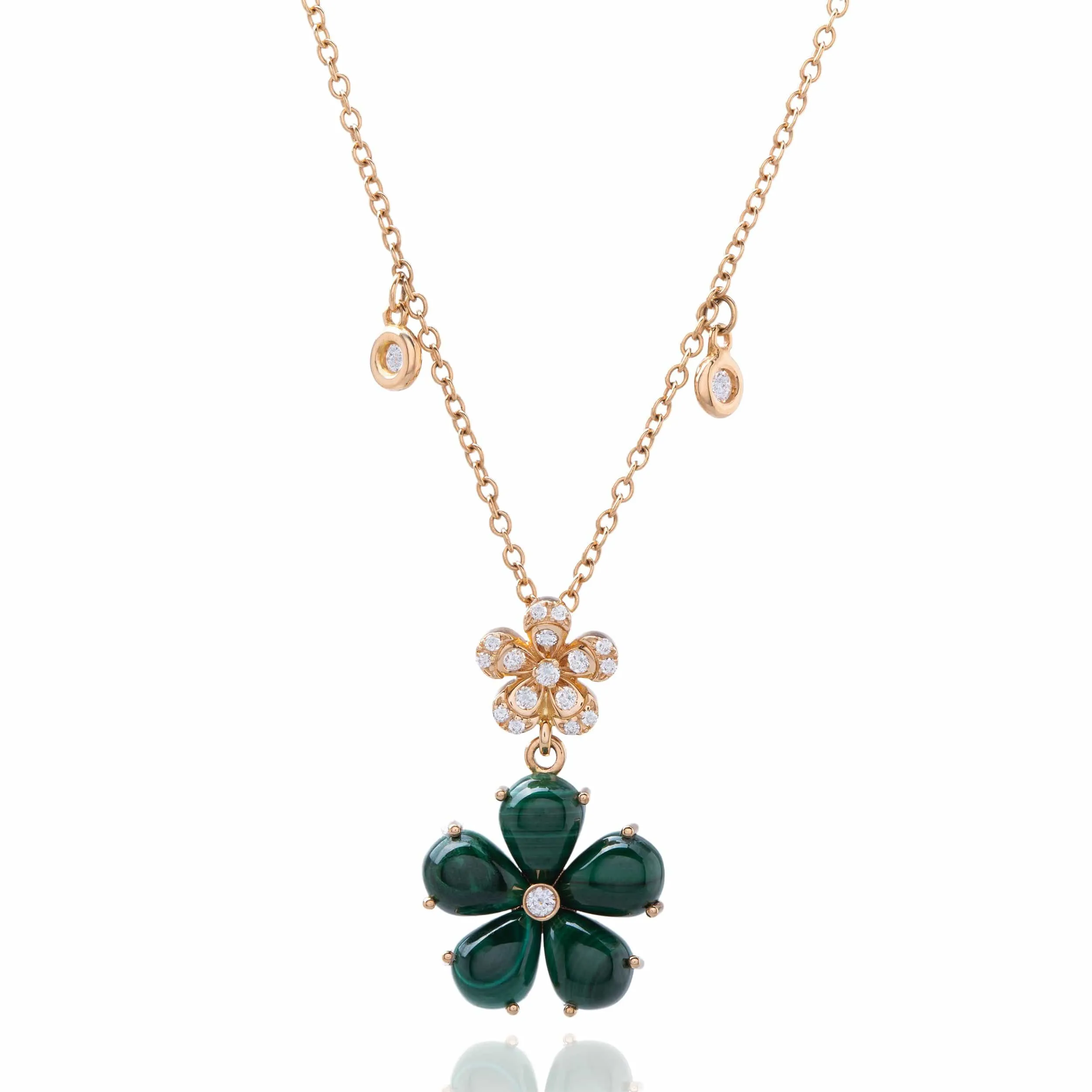 Nature Collection 18KT Rose Gold Green Malachite & Diamonds Flower Necklace